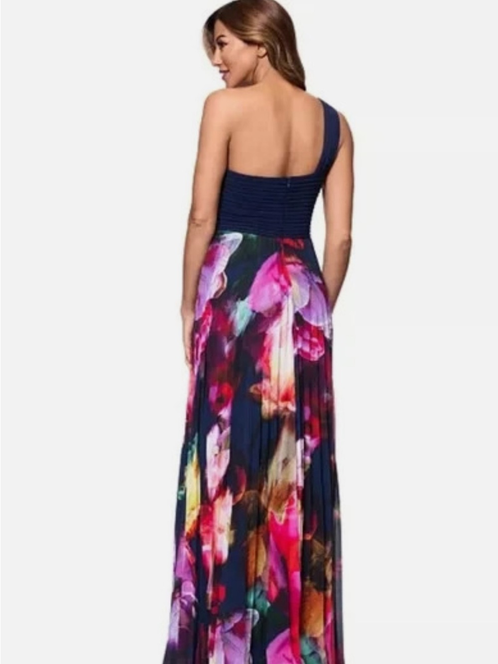 Xscape One-Shoulder Navy Bodice with Vibrant Floral Maxi Skirt - Picture 2 of 5